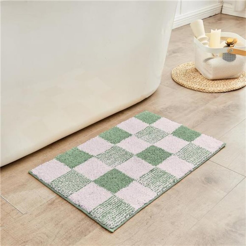 Non Slip Bath Mat Microfiber Absorbent Checkered Bathroom Rug Sage Green